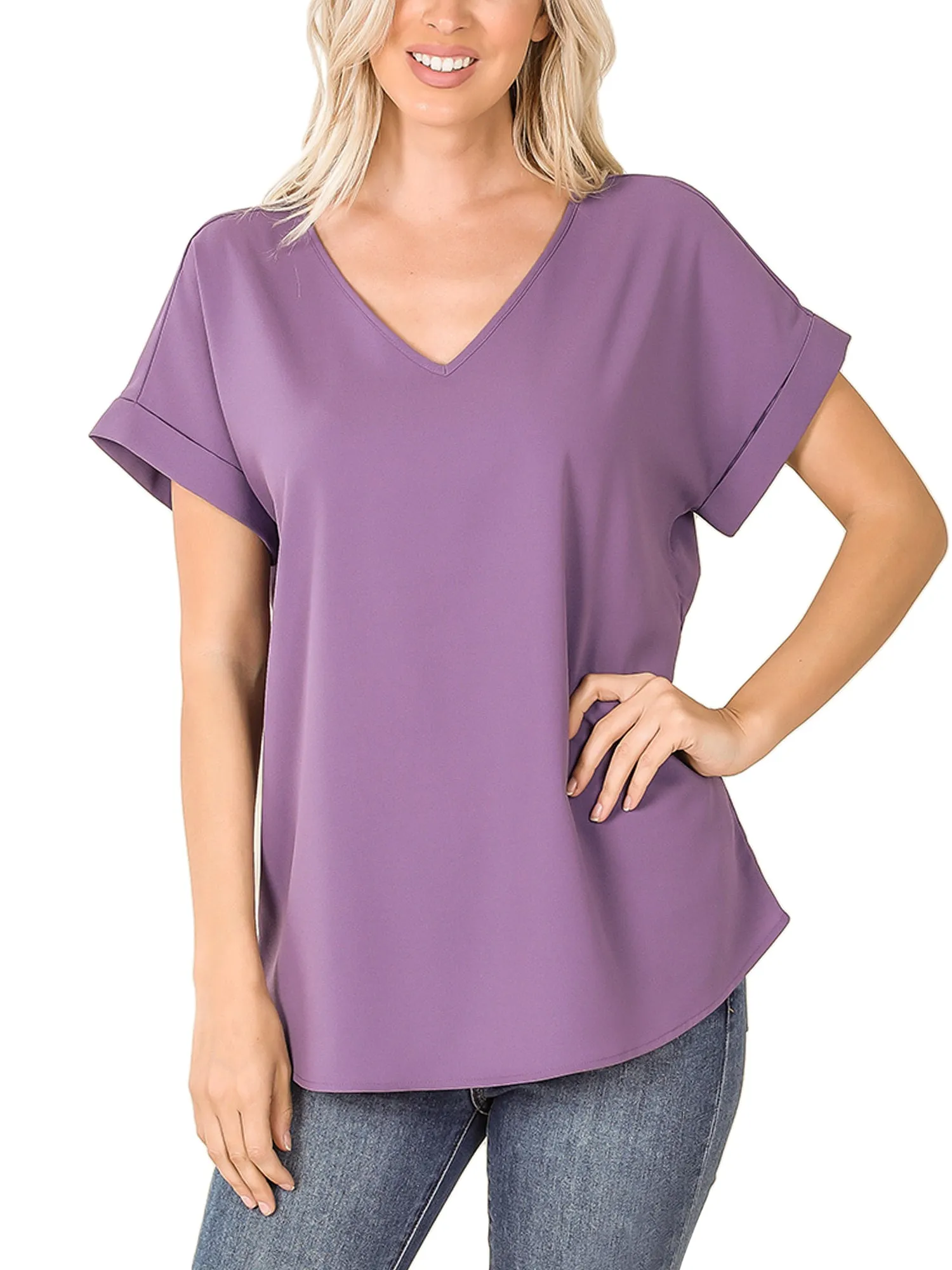 KOGMO Women's Short Sleeve V Neck Solid Woven Top Tee (S-3X)