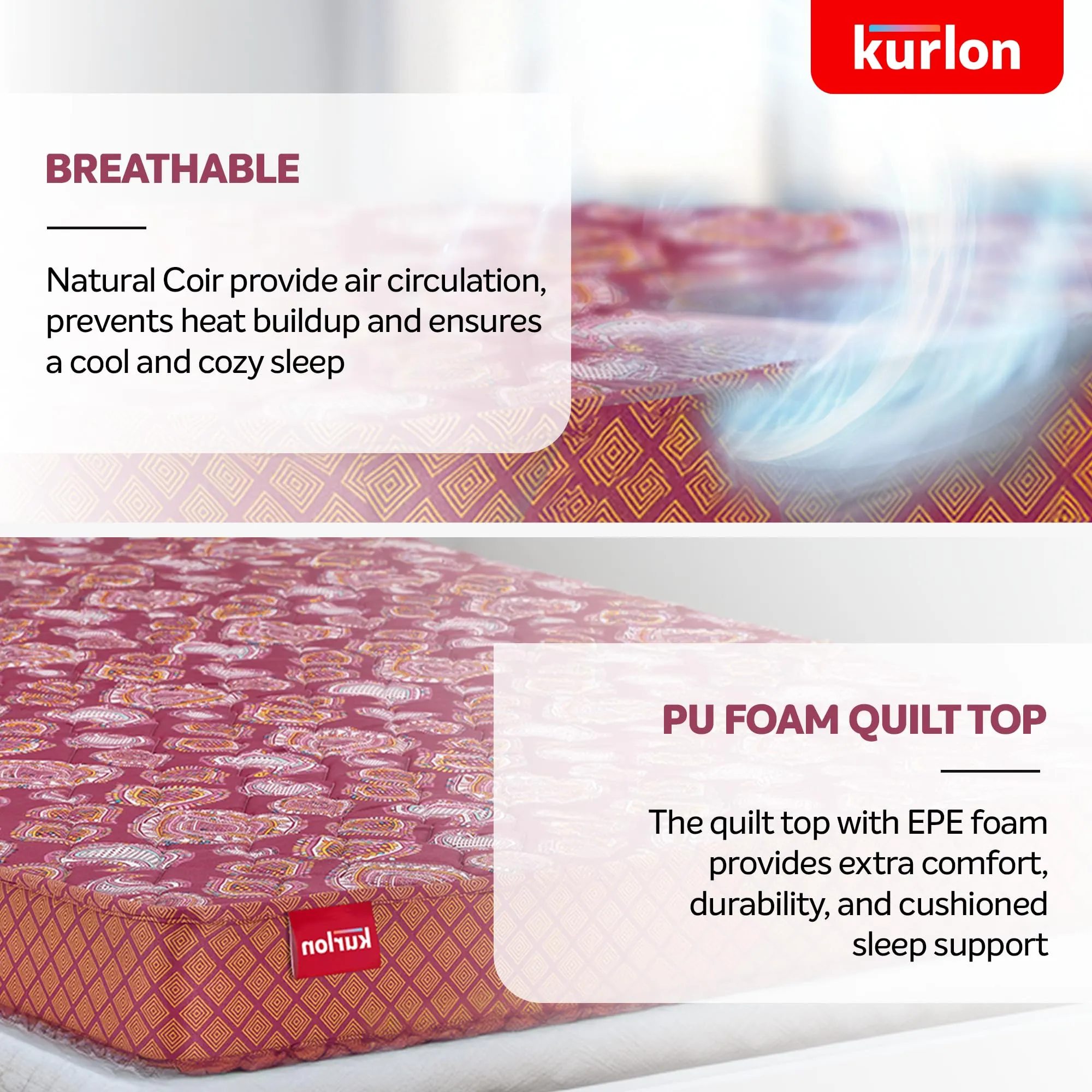 Kurlon Natural Coir Pad Mattress | Rubberized Coir | Breathable Fabric |Medium Firm Support| Natural Cooling | PU Foam Quilting | Premium Finish | King Size | 78x72x5 | 5 Yrs Warranty