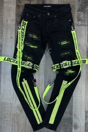 Locked Loaded- locked & loaded strapped jeans (black/fluorescent)