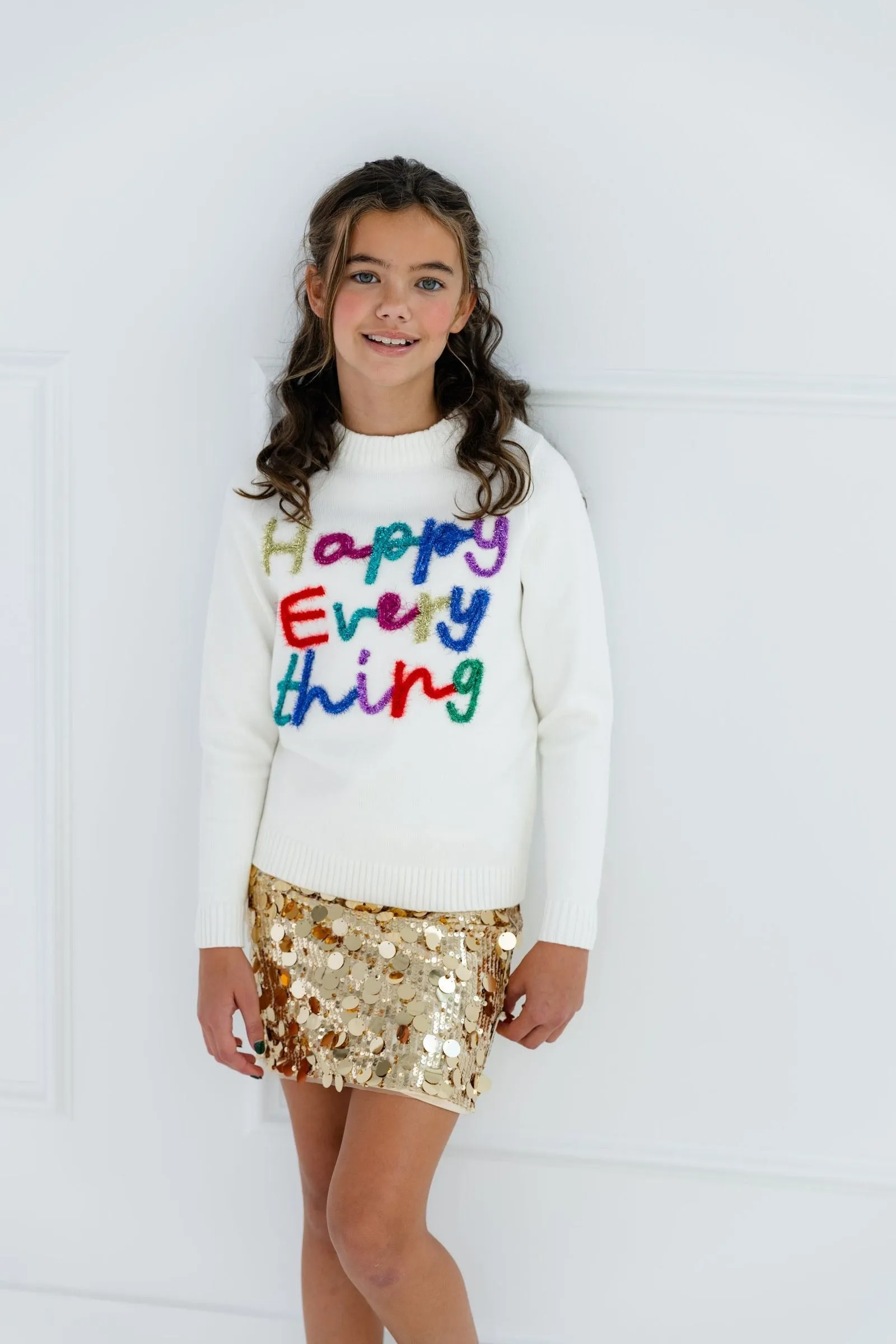 Lola and The Boys Kid's Happy Everything Tinsel Sweater - White