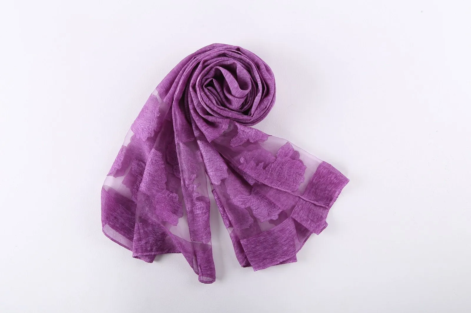 Long Scarf With Embroidered Floral Pattern Purple Color JAC007