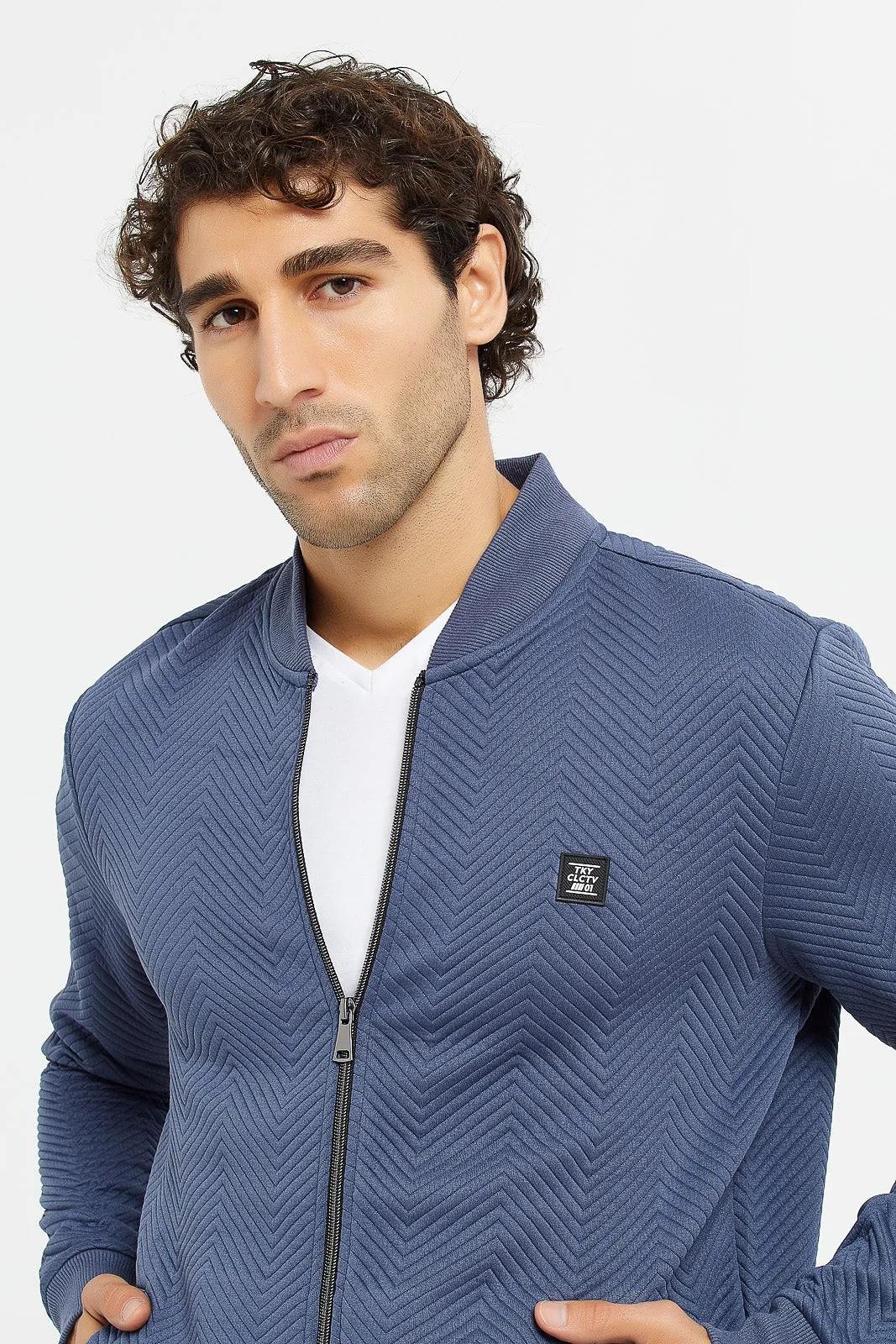 Men Blue Jacquard Bomber Zipper Jacket