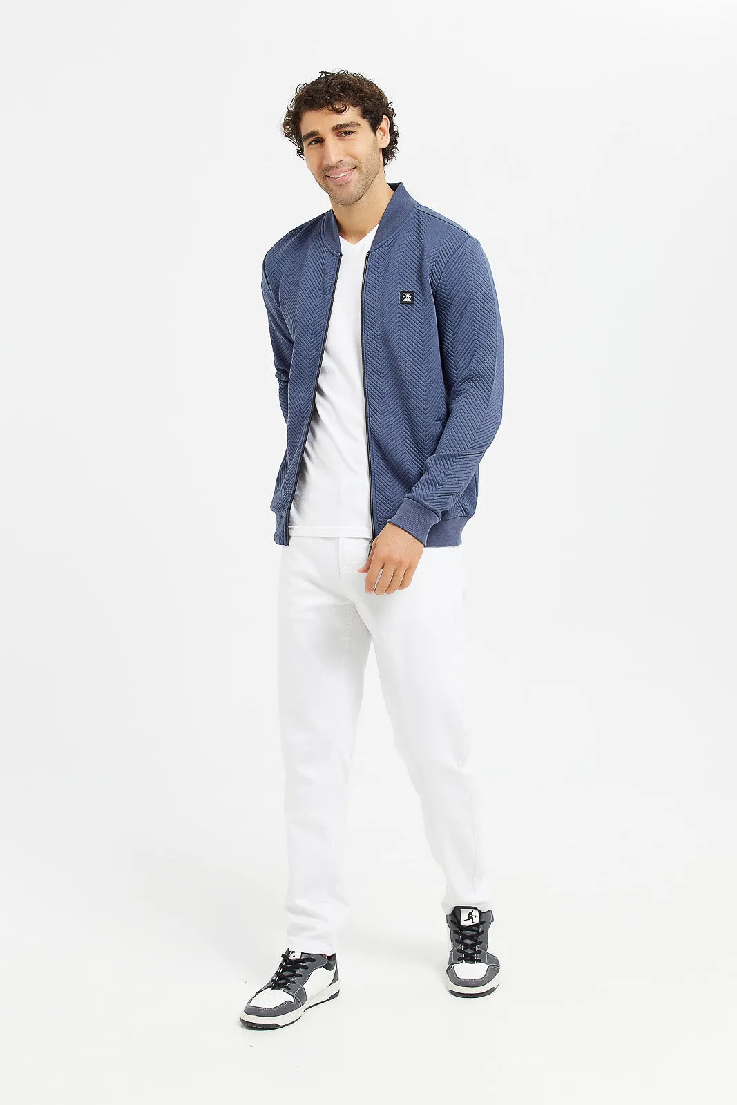 Men Blue Jacquard Bomber Zipper Jacket