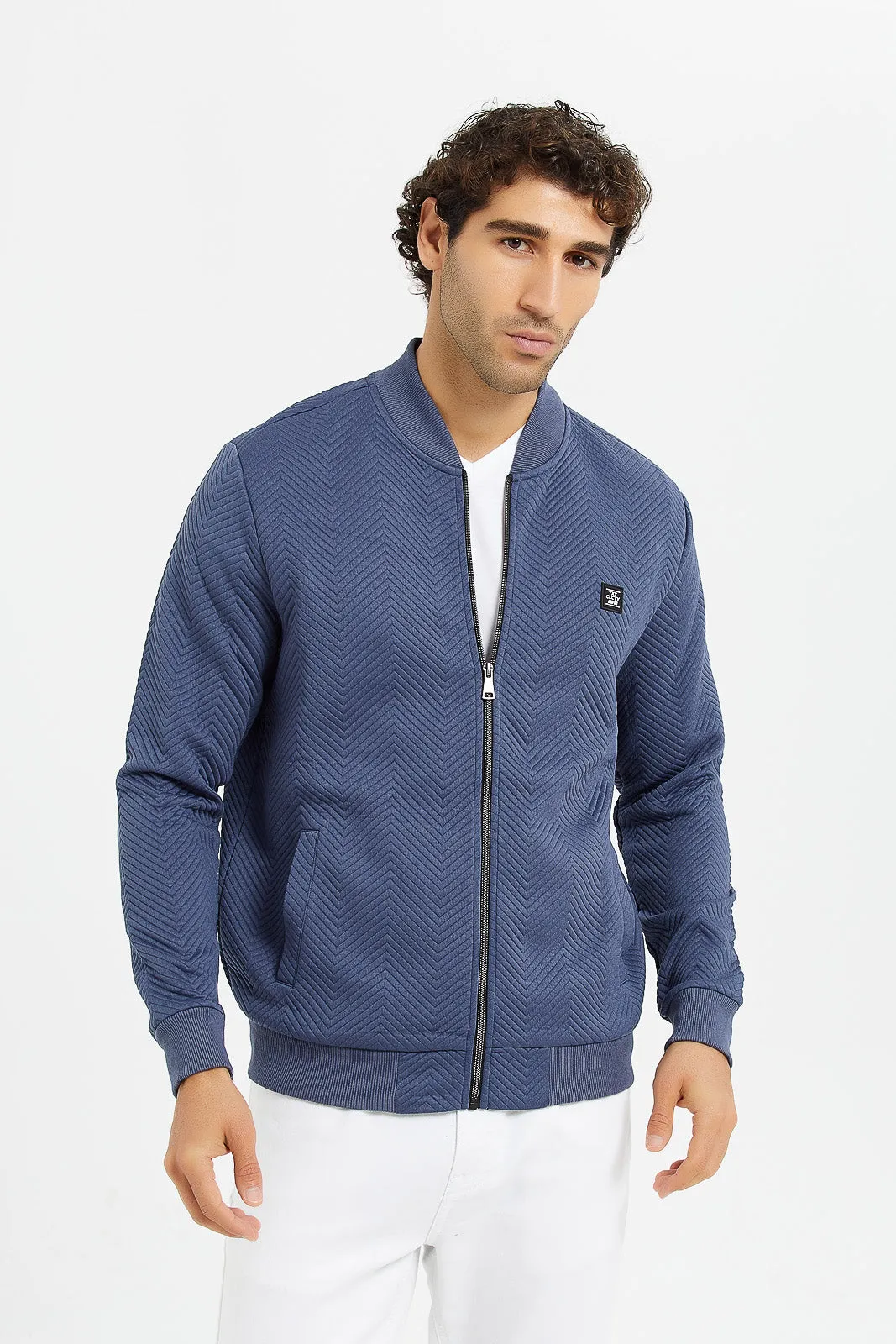 Men Blue Jacquard Bomber Zipper Jacket