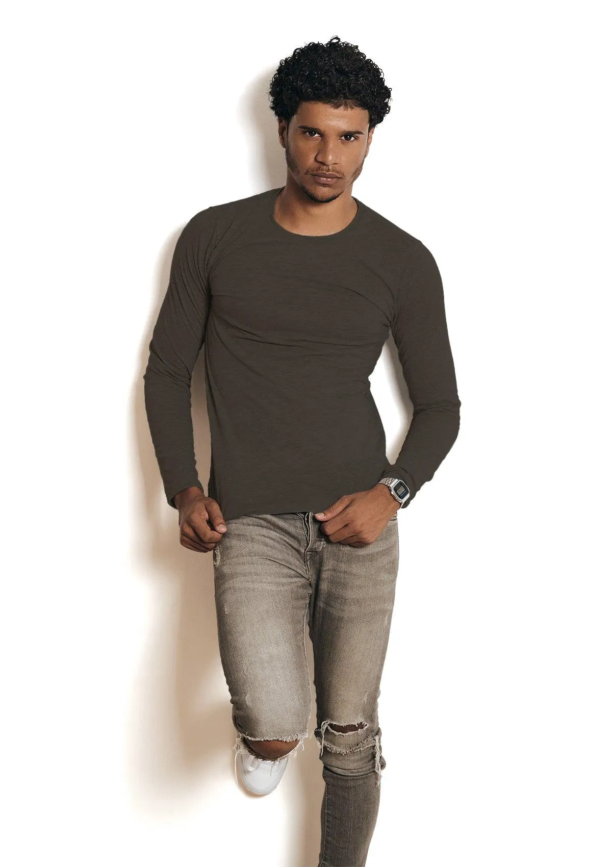 Mens T-Shirt Long Sleeve Crew Neck Asphalt Gray