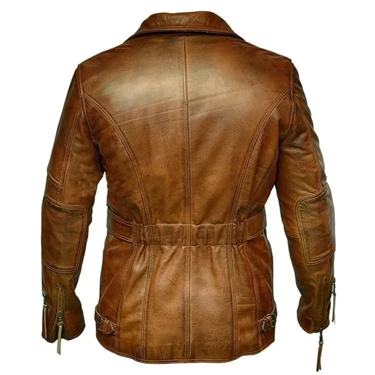 Mens Vintage Style Distressed Brown Leather Coat