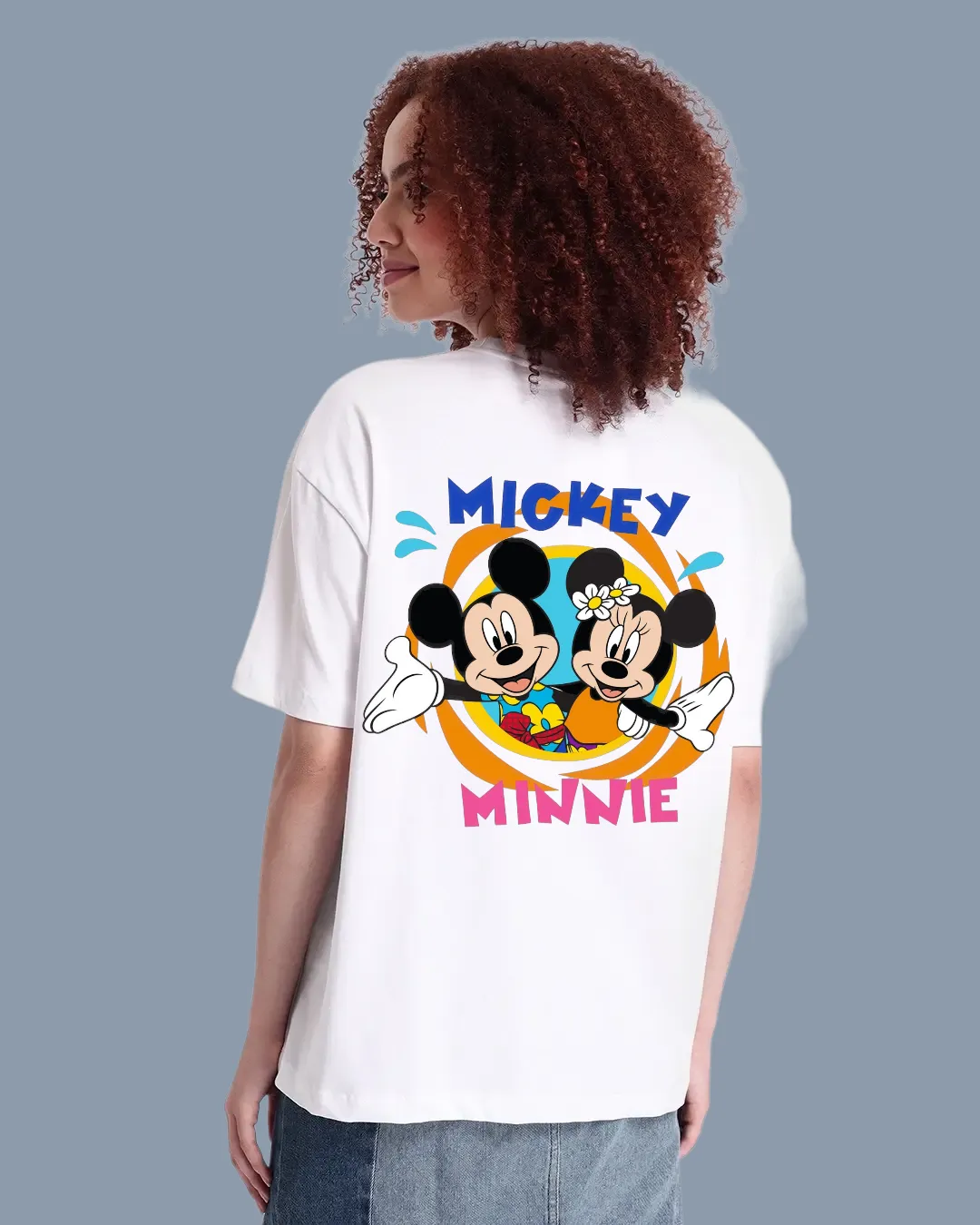 Mickey Minnie Printed  White Women's Oversized T-Shirt