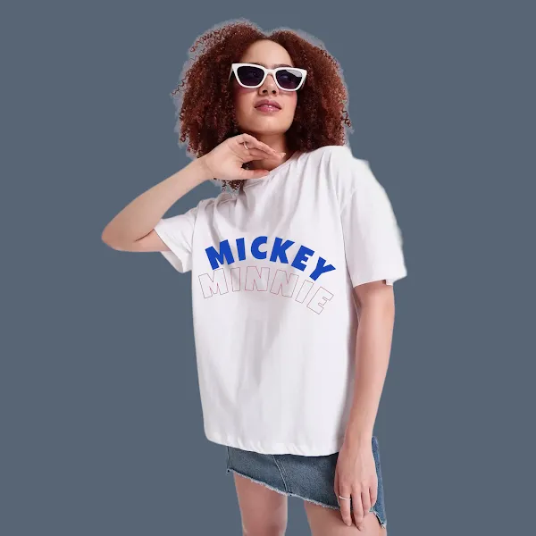 Mickey Minnie Printed  White Women's Oversized T-Shirt