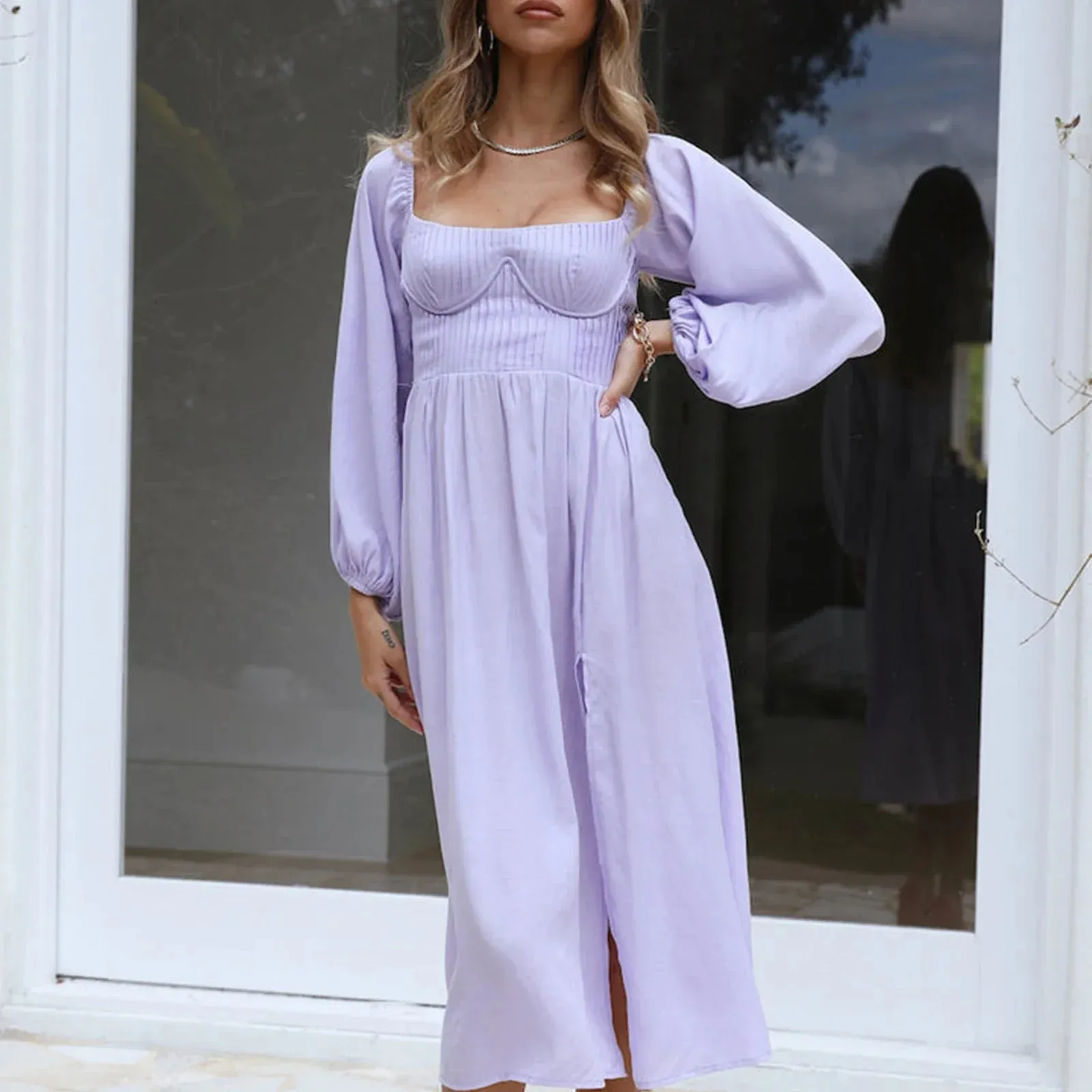 Midi A-Line Long Sleeve Square Neck Off Shoulder Split Flowy Spring Summer Vacation Maxi Elegant Dress