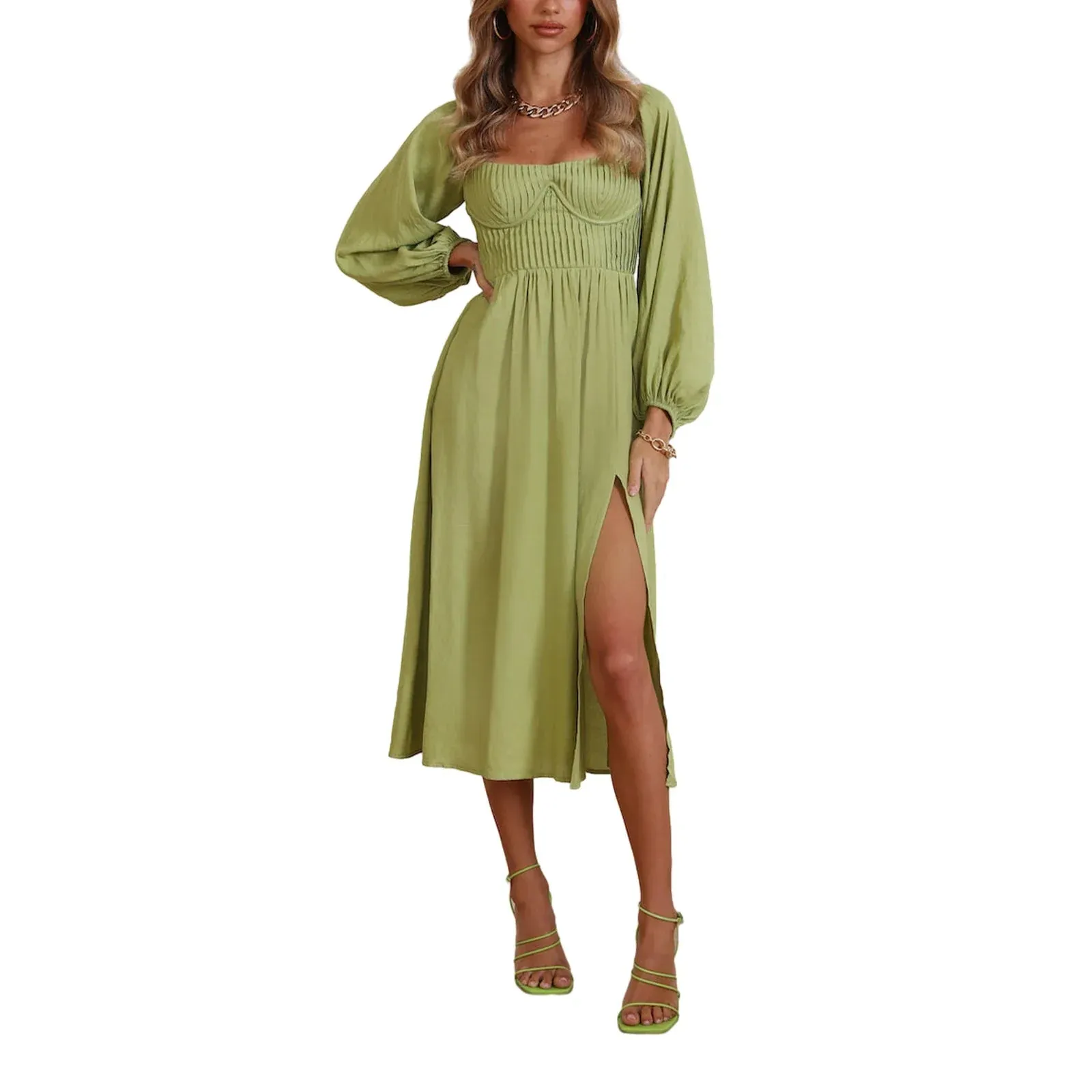 Midi A-Line Long Sleeve Square Neck Off Shoulder Split Flowy Spring Summer Vacation Maxi Elegant Dress