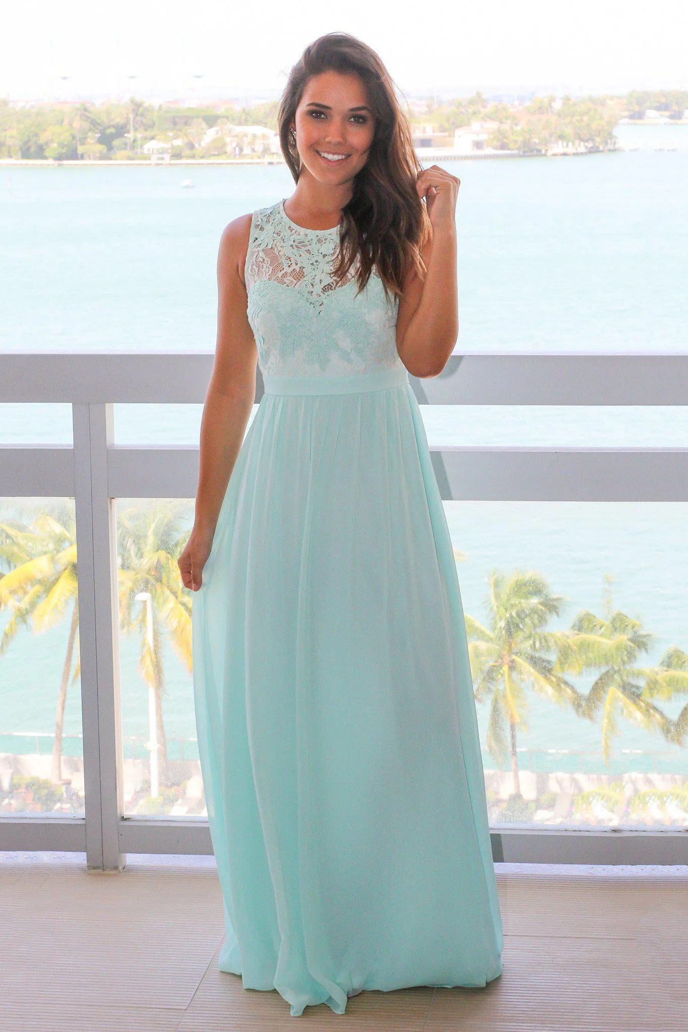 Mint Chiffon Maxi Dress with Lace Top