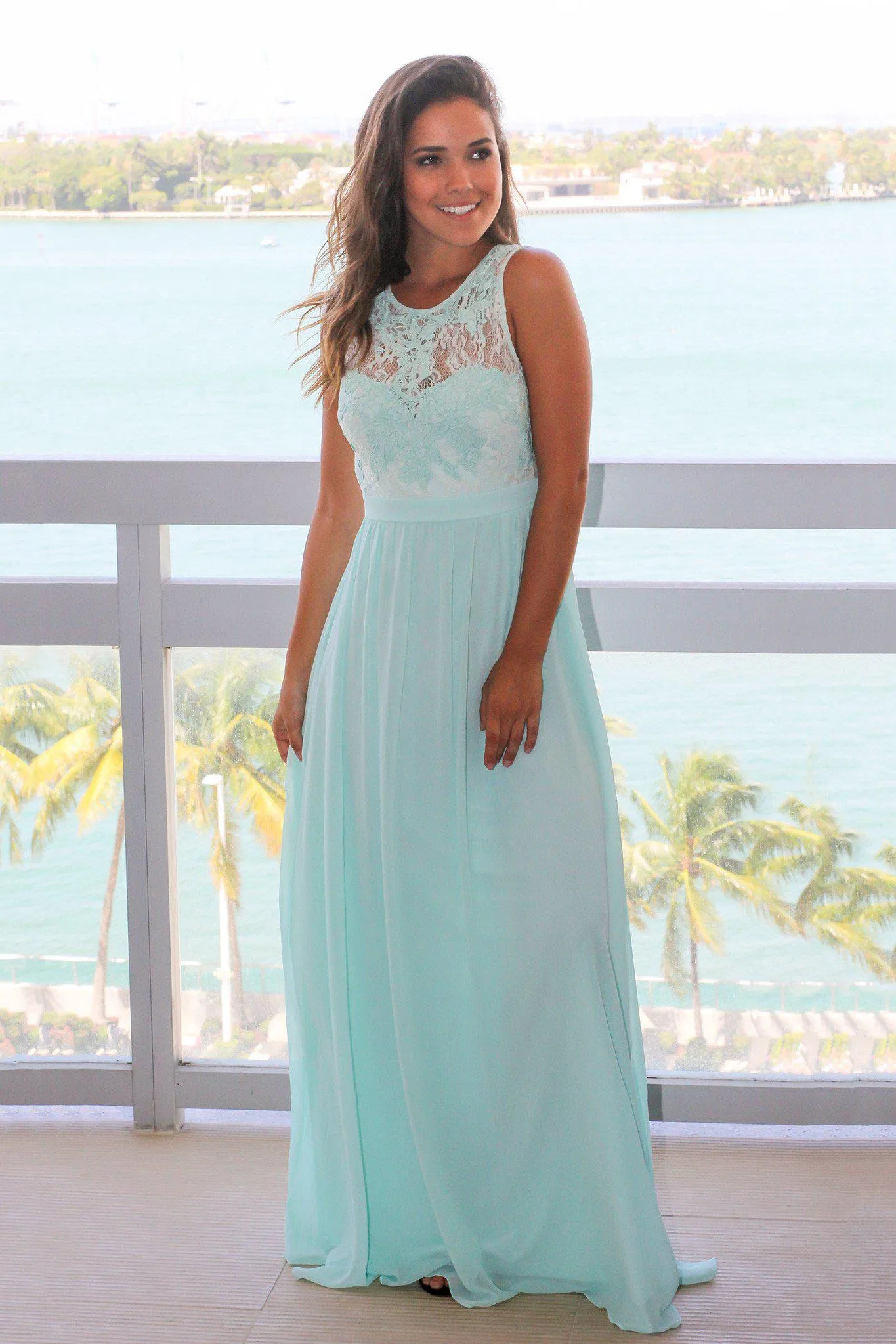 Mint Chiffon Maxi Dress with Lace Top