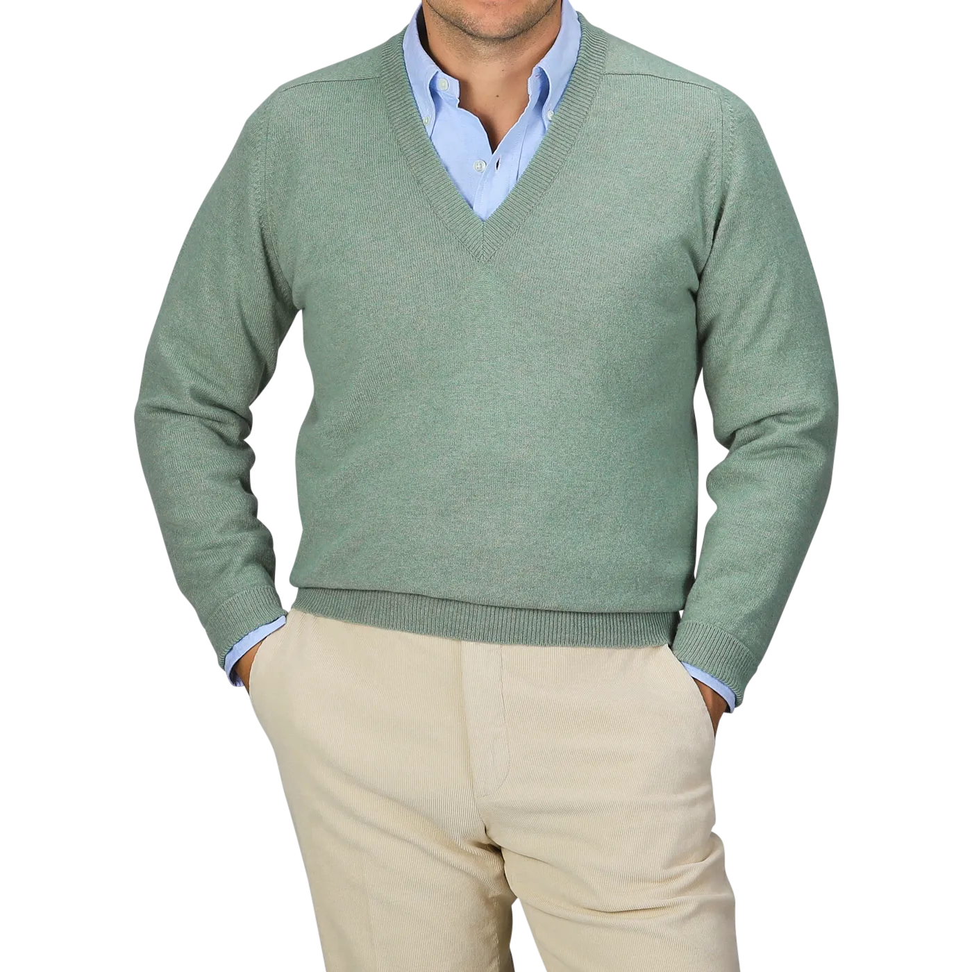 Mojito Green Deep V-Neck Lambswool Sweater