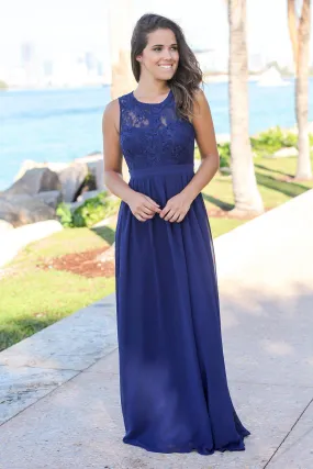 Navy Chiffon Maxi Dress with Lace Top