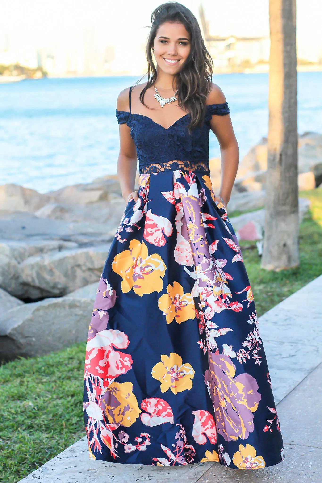 Navy Floral Crochet Top Maxi Dress