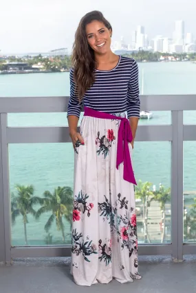 Navy Striped Maxi Dress with Floral Skirt