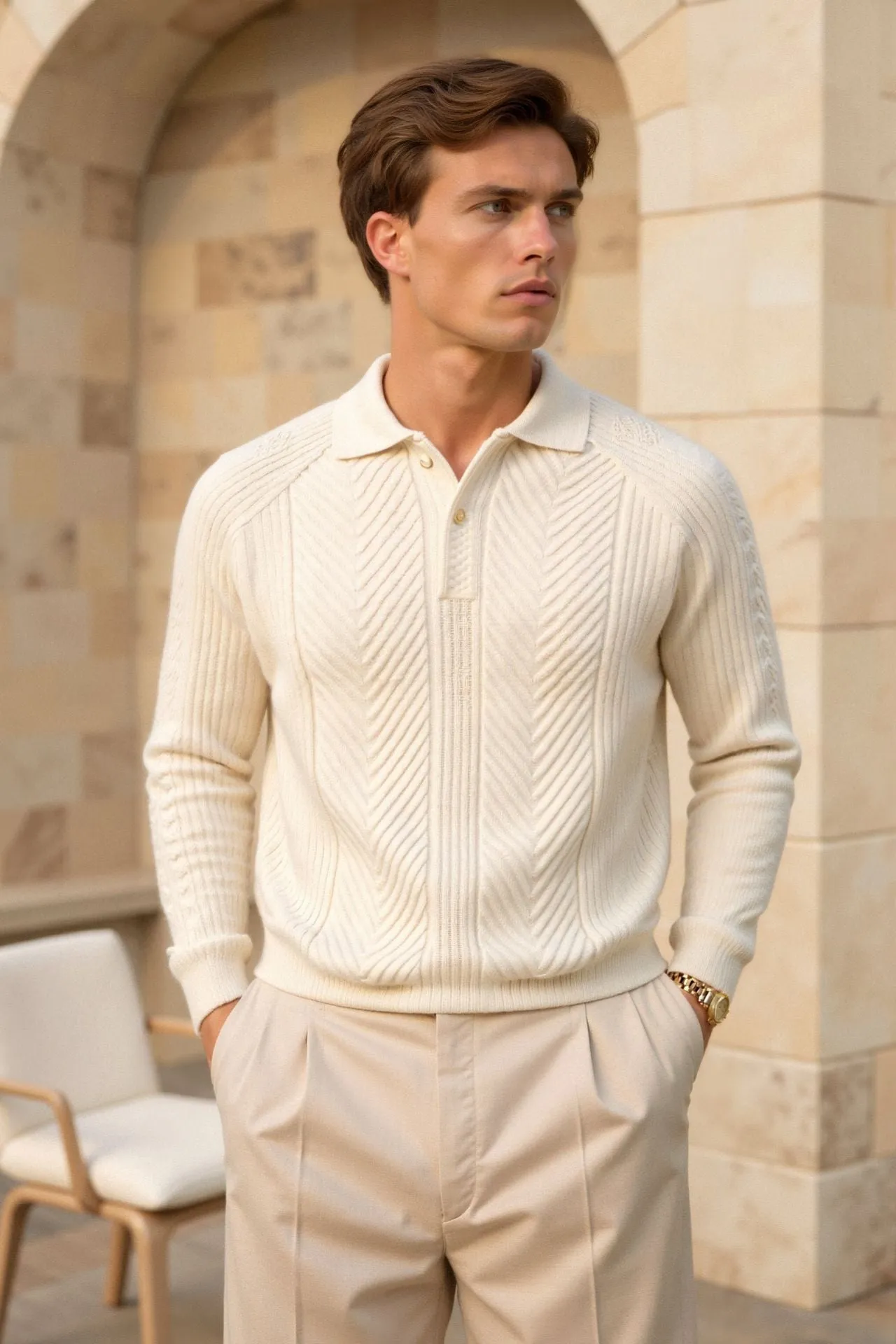 Old Money Men's Retro Solid Color Textured Knit Long Sleeve Golf Sweater