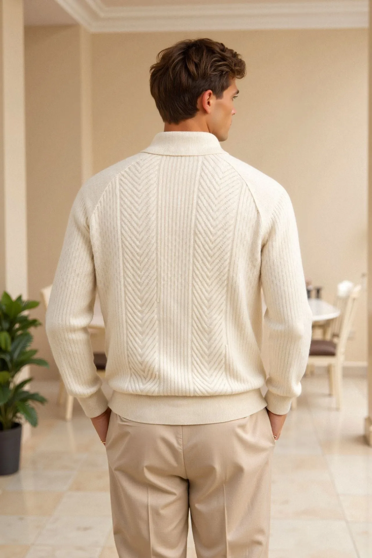 Old Money Men's Retro Solid Color Textured Knit Long Sleeve Golf Sweater