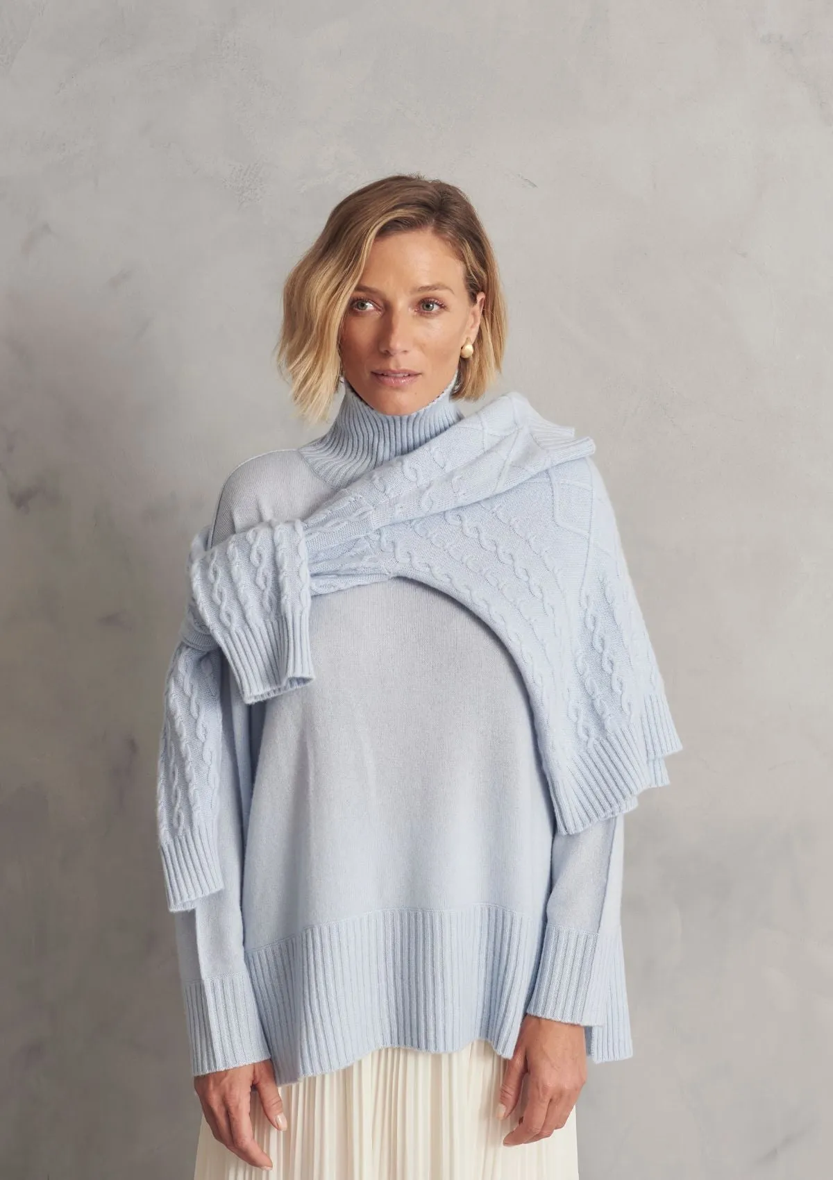 Oversized Cashmere Polo Neck Sweater in Whisper Blue