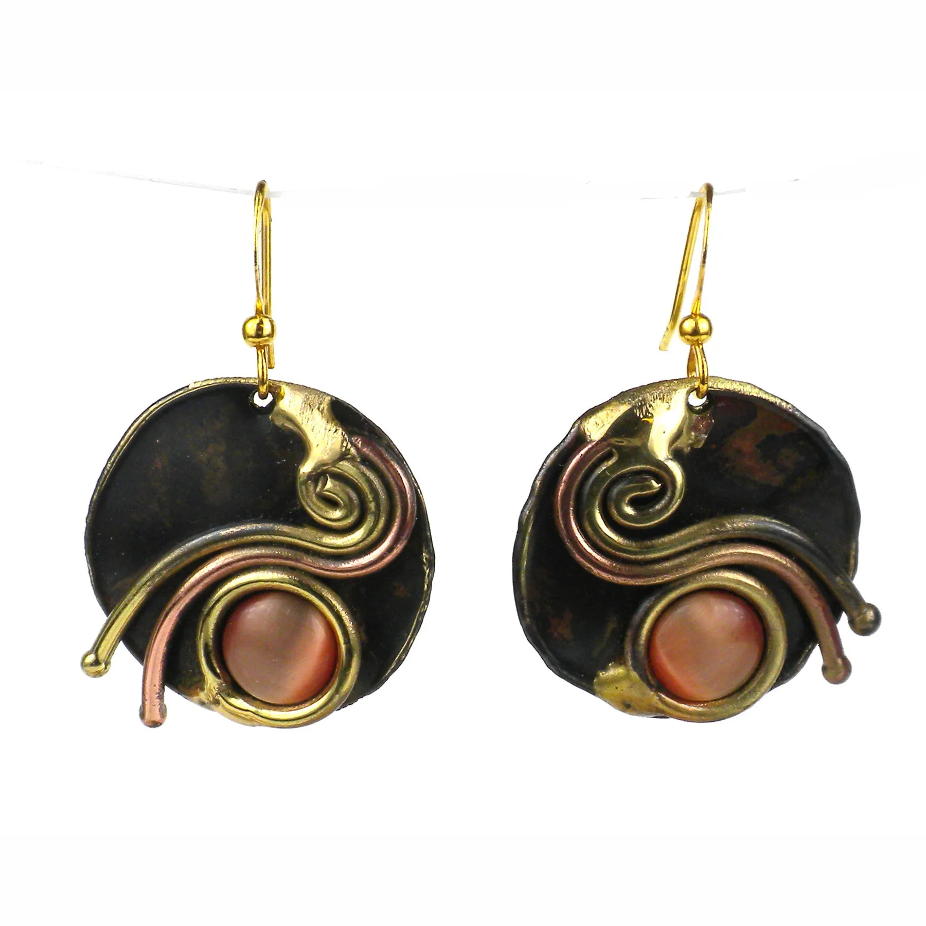 Peach Tiger Eye Swirl Earrings Brass Images