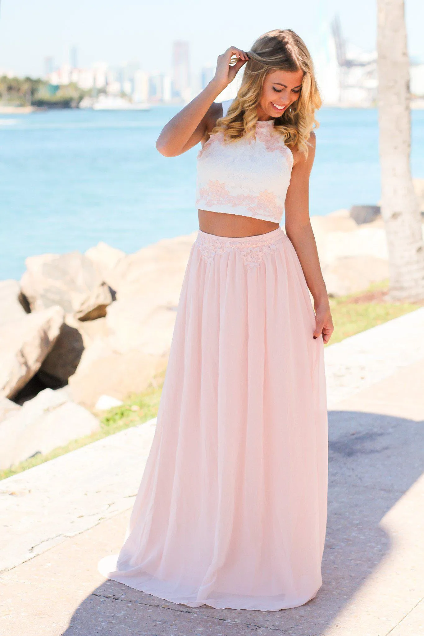 Pink and Ivory Two Piece with Crochet Top