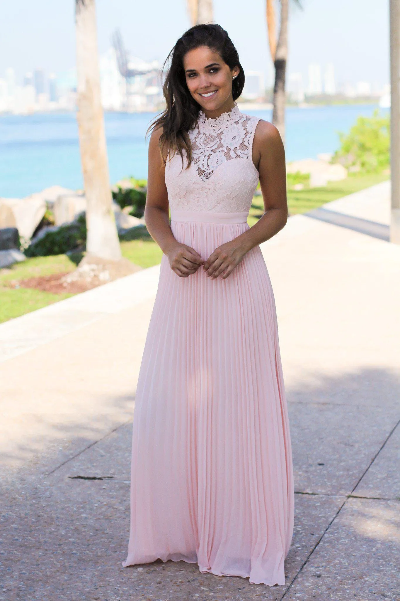 Pink Lace Maxi Dress with Pleated Skirt