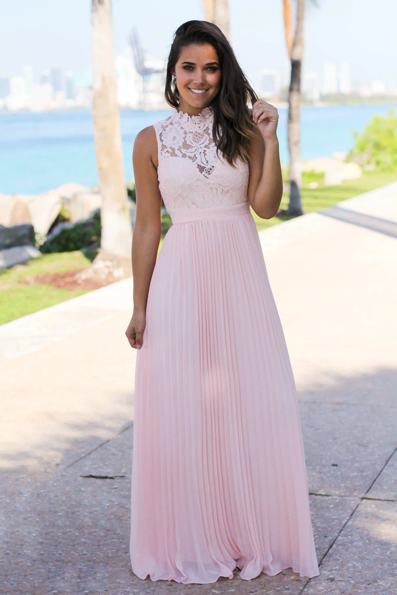 Pink Lace Maxi Dress with Pleated Skirt