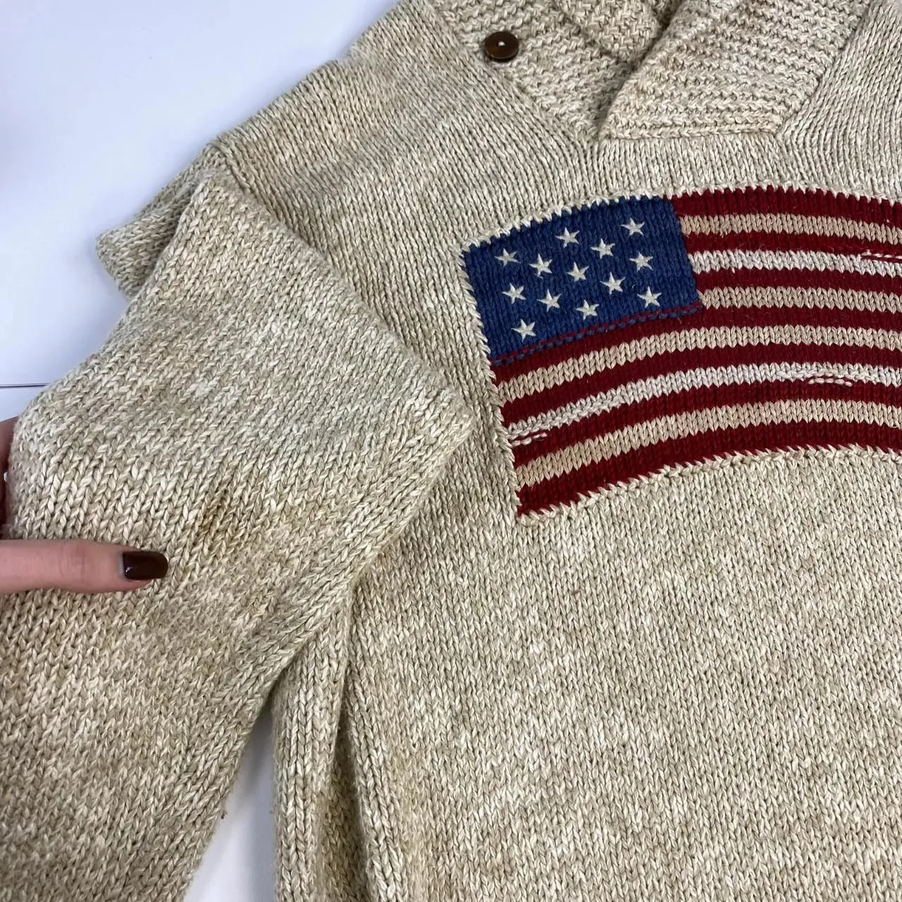 Preowned Polo Ralph Lauren Mens Knit Shawl Jumper Sweater Size M Beige USA American Flag.