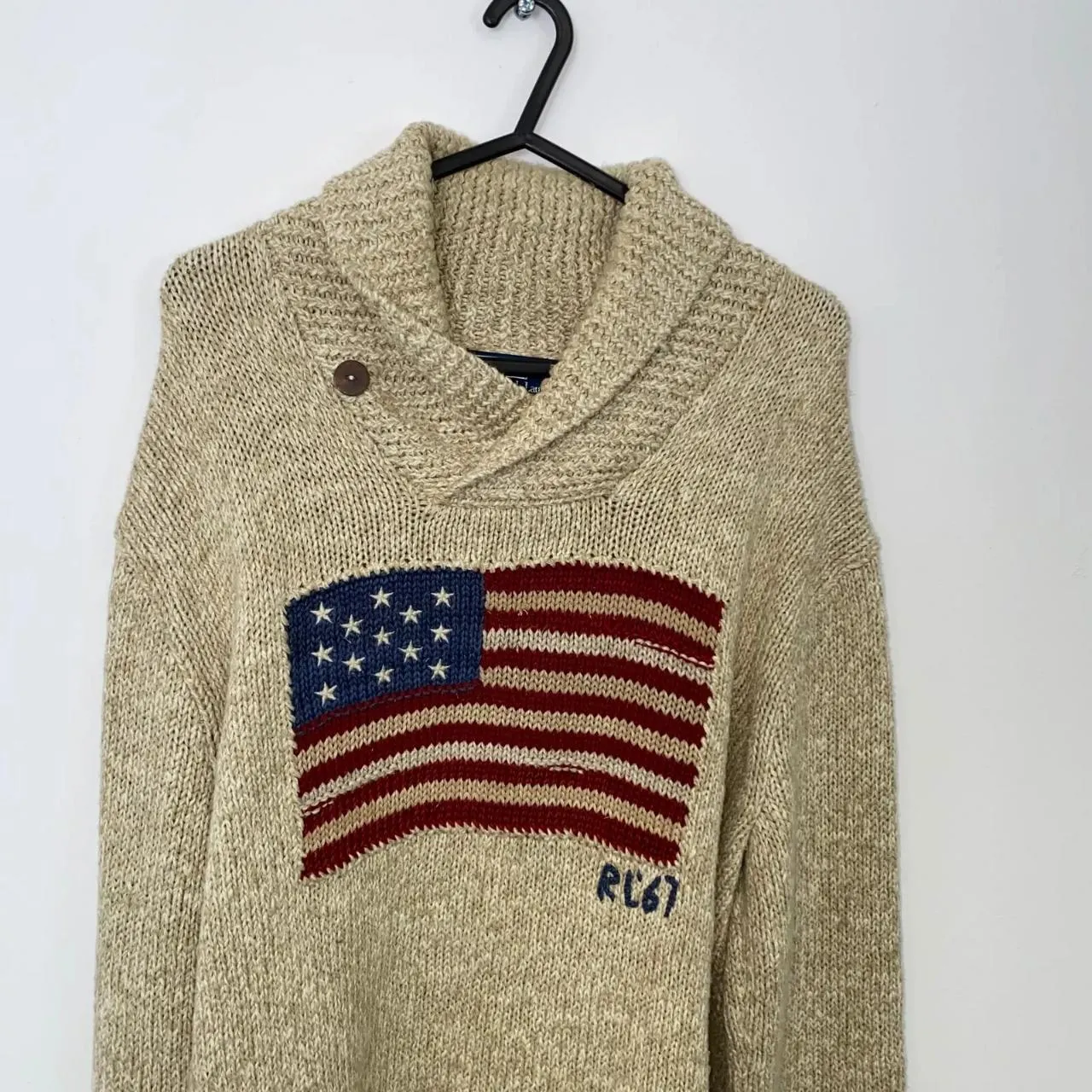 Preowned Polo Ralph Lauren Mens Knit Shawl Jumper Sweater Size M Beige USA American Flag.