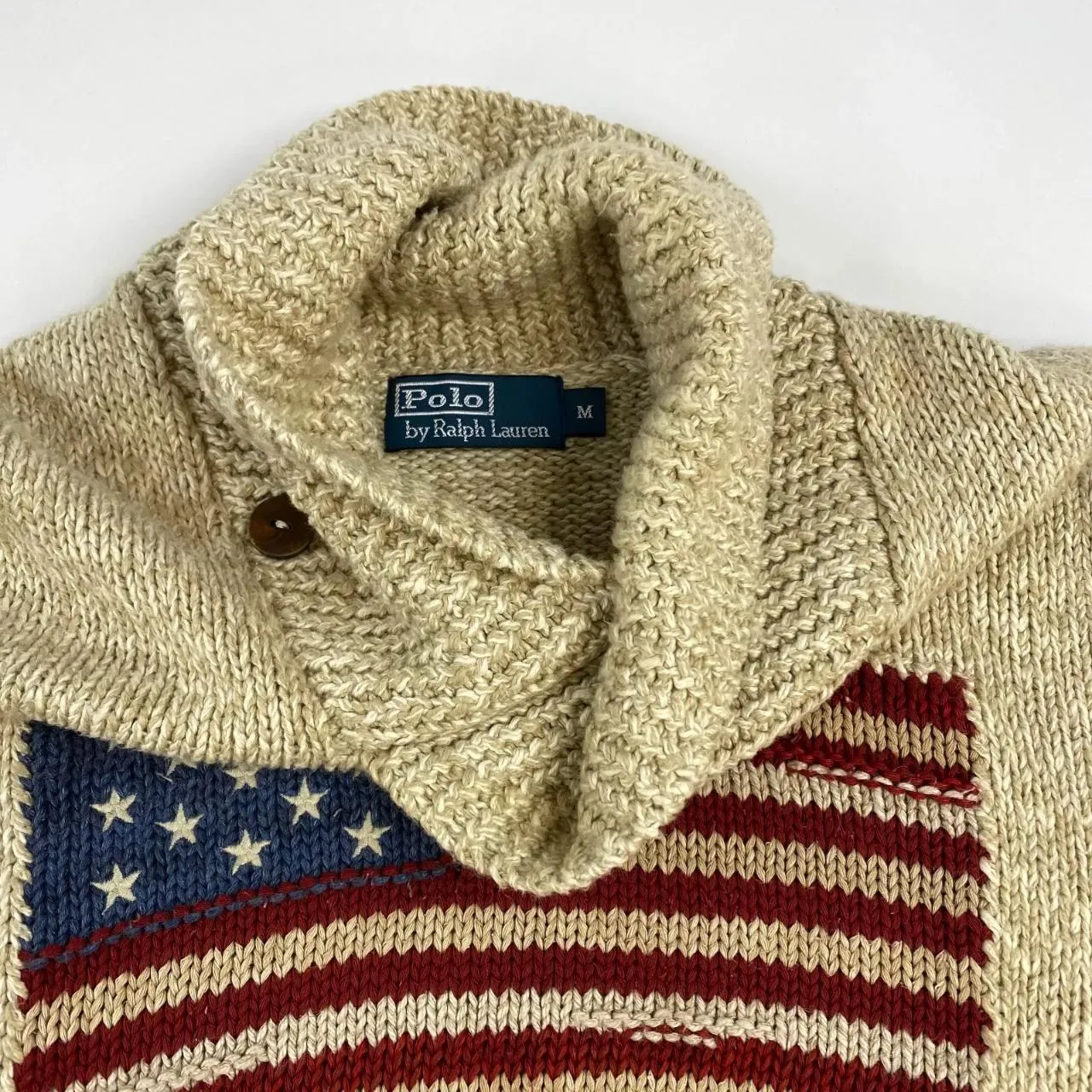 Preowned Polo Ralph Lauren Mens Knit Shawl Jumper Sweater Size M Beige USA American Flag.