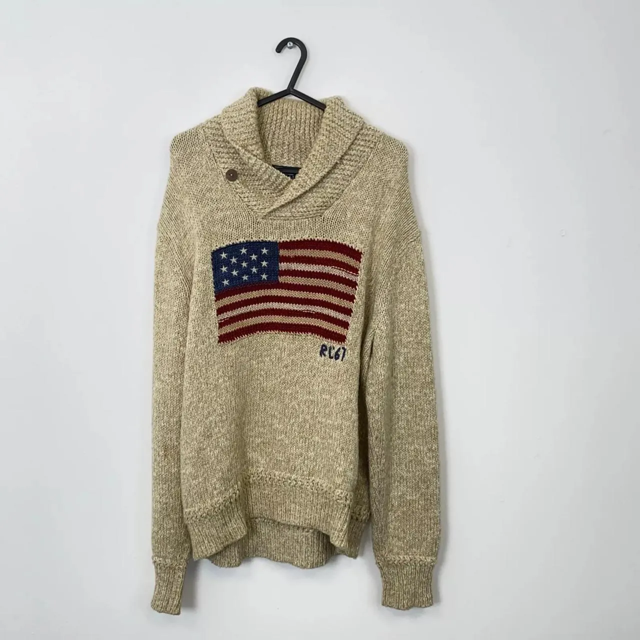 Preowned Polo Ralph Lauren Mens Knit Shawl Jumper Sweater Size M Beige USA American Flag.