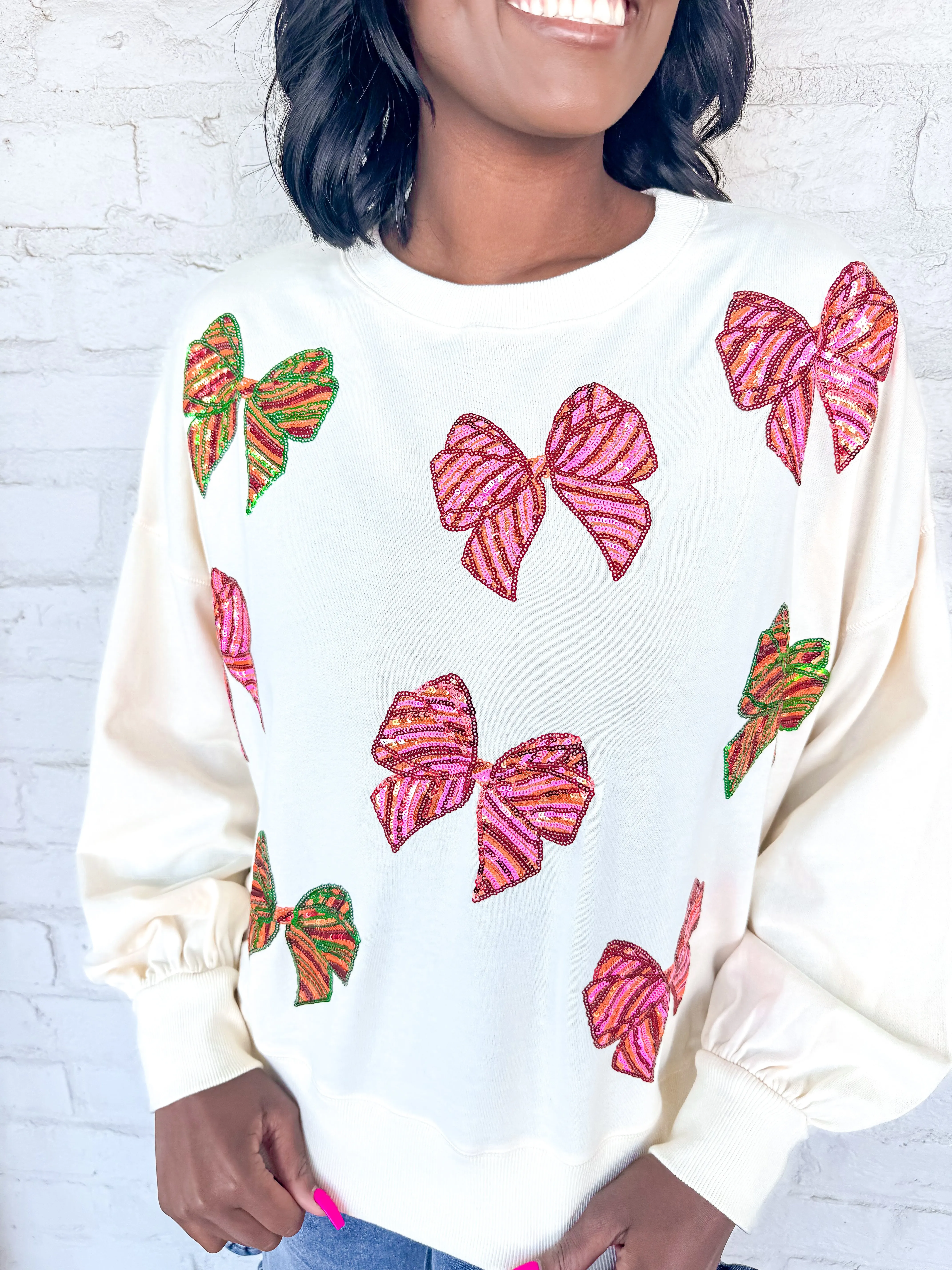 Queen Of Christmas Cream Multi Bow Sweater