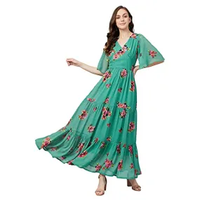 RARE Women's Georgette Fit and Flare Maxi Casual Dress (EP6216_Green_Medium)