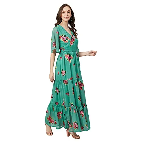 RARE Women's Georgette Fit and Flare Maxi Casual Dress (EP6216_Green_Medium)