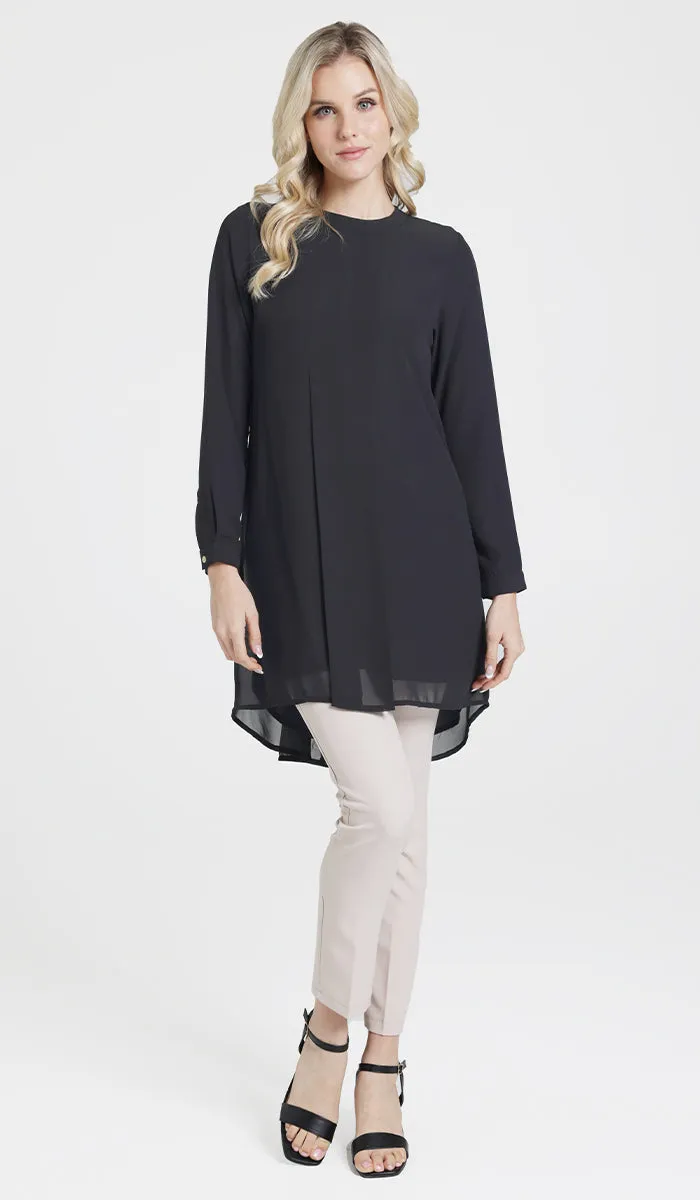 Reem Pleated Chiffon Long Tunic - Black