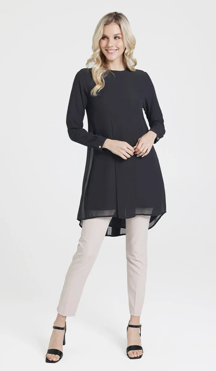 Reem Pleated Chiffon Long Tunic - Black