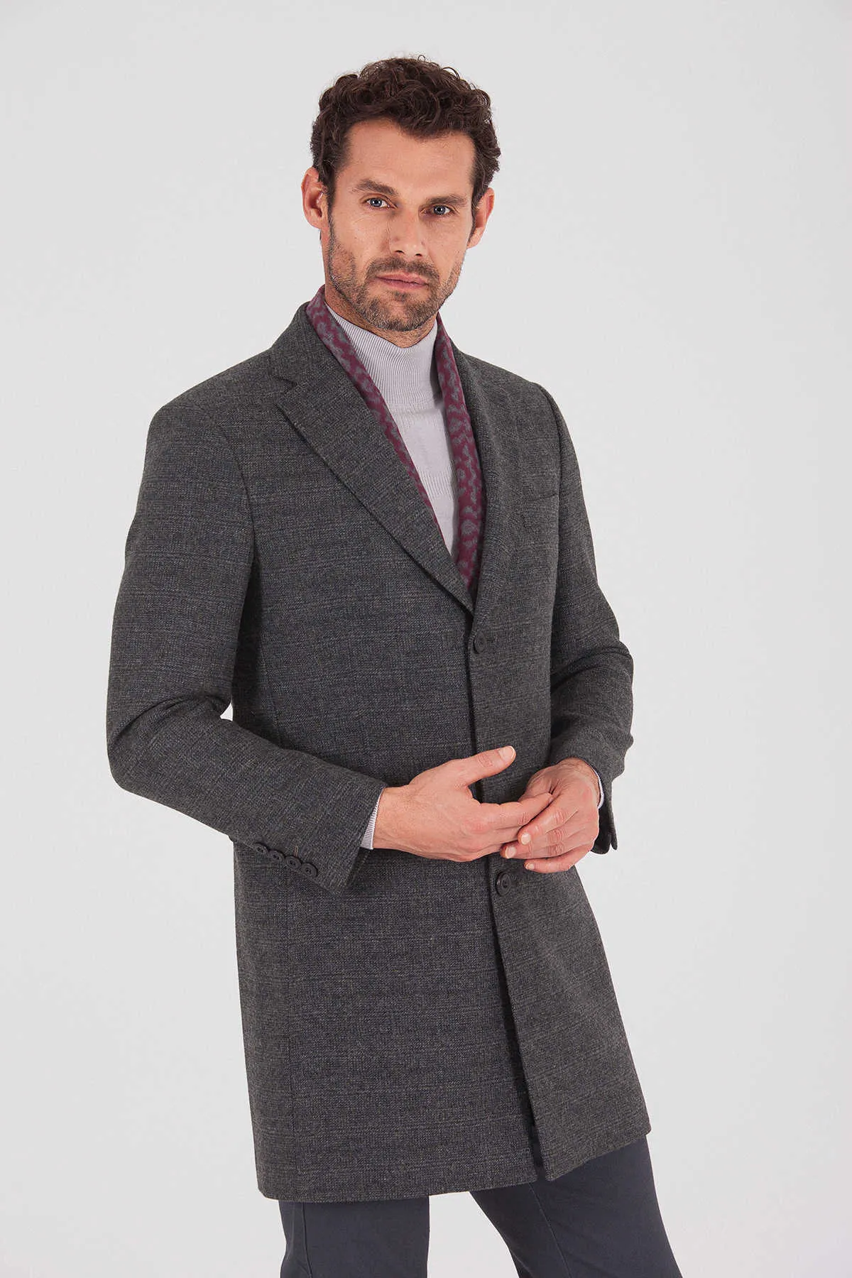 Regular Fit Cachet Notch Lapel Wool Blend Gray Overcoat