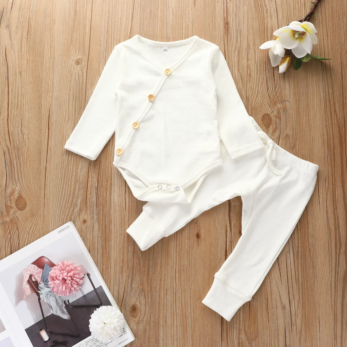 Ribbed Cotton Romper and Pants Set