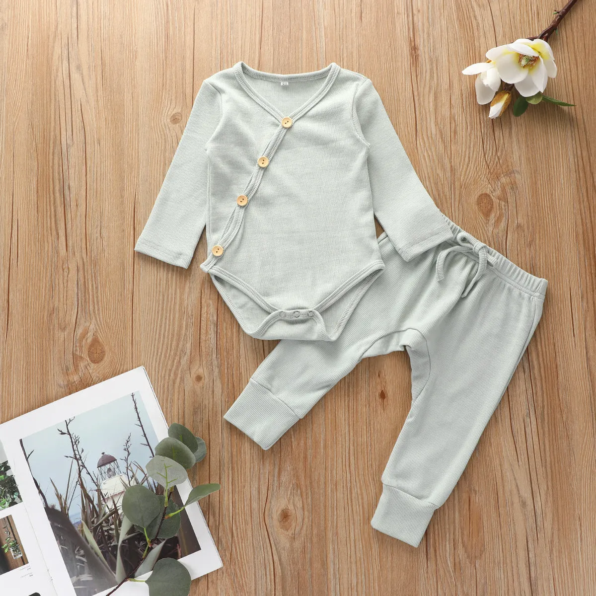 Ribbed Cotton Romper and Pants Set