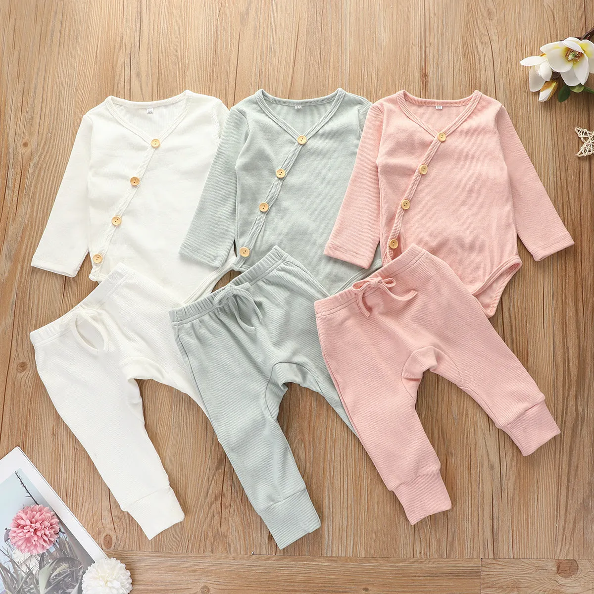 Ribbed Cotton Romper and Pants Set