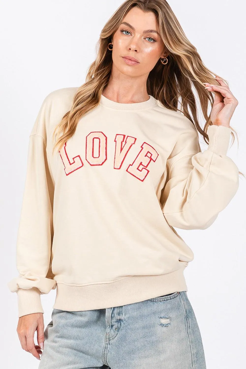 SAGE   FIG LOVE Path Applique Drop Shoulder Sweatshirt Ivory Basic Top