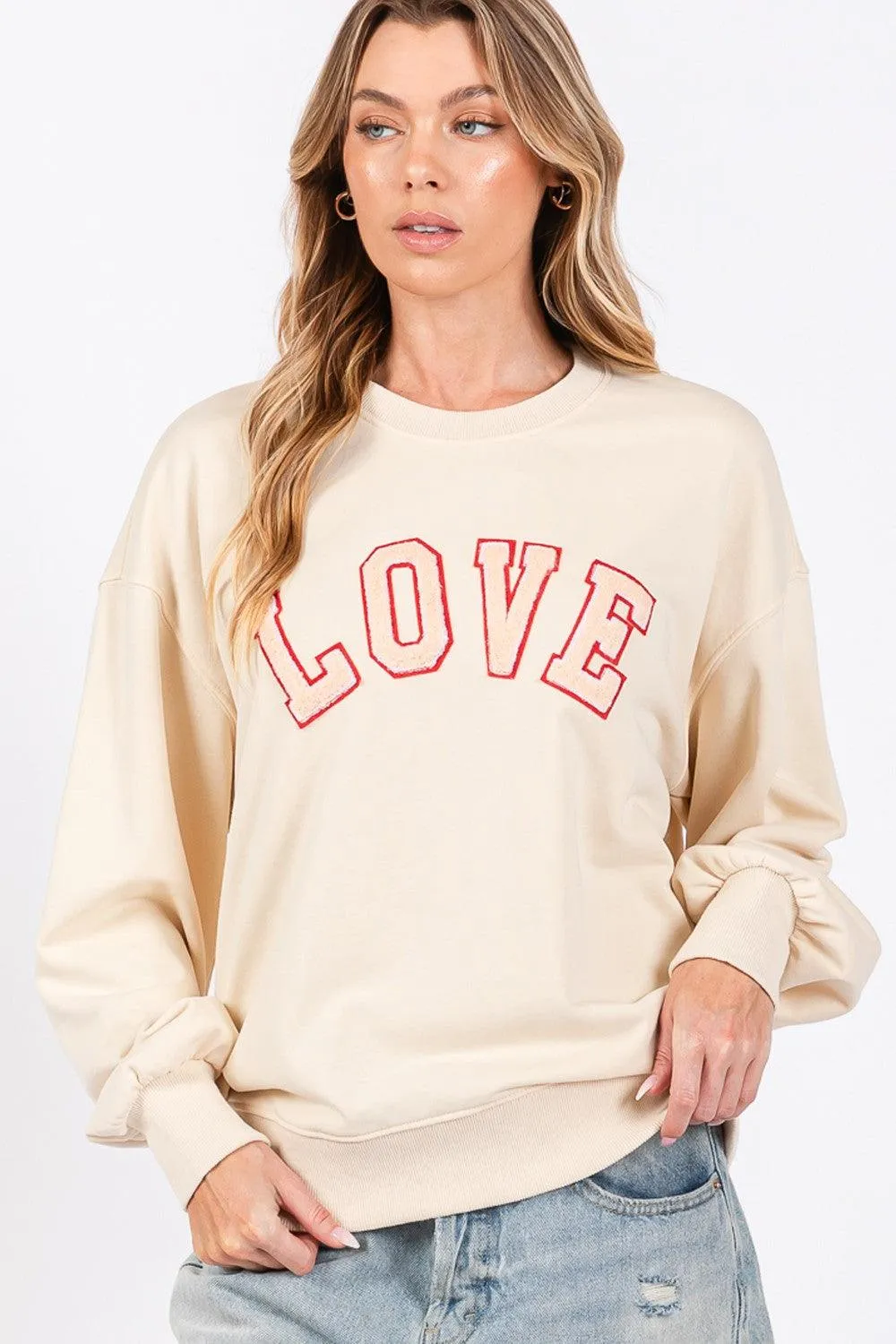 SAGE   FIG LOVE Path Applique Drop Shoulder Sweatshirt Ivory Basic Top