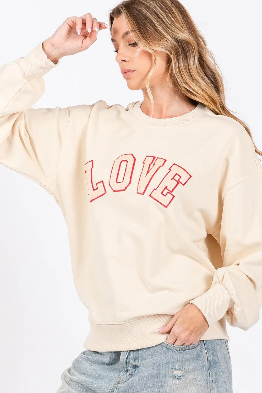 SAGE   FIG LOVE Path Applique Drop Shoulder Sweatshirt Ivory Basic Top