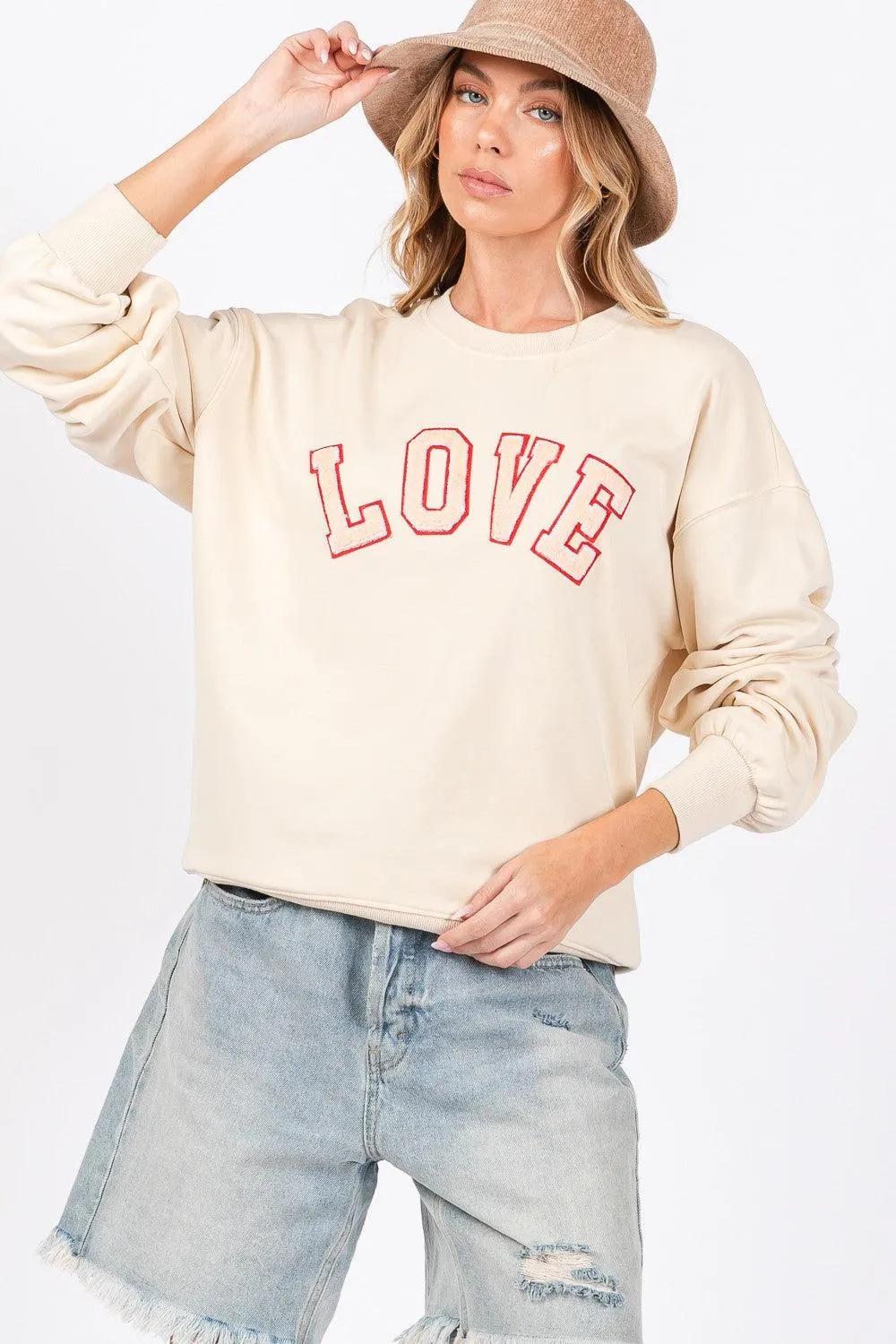 SAGE   FIG LOVE Path Applique Drop Shoulder Sweatshirt Ivory Basic Top