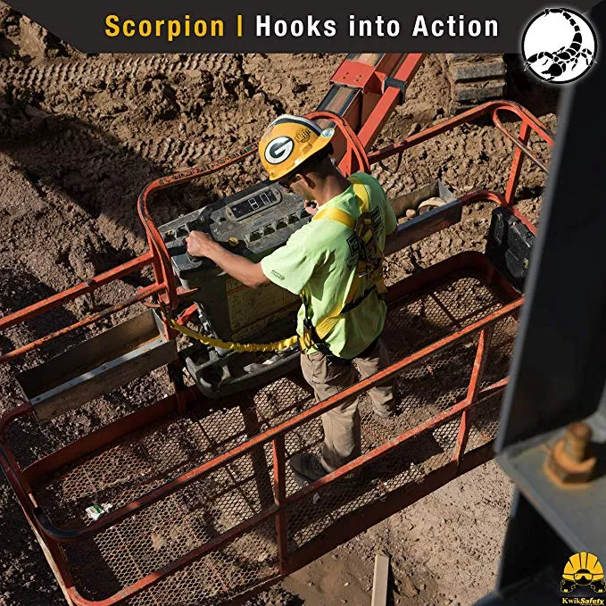 Scorpion Fall Protection Safety Harness with Attached 6' Shock-Absorbing Lanyard, OSHA ANSI