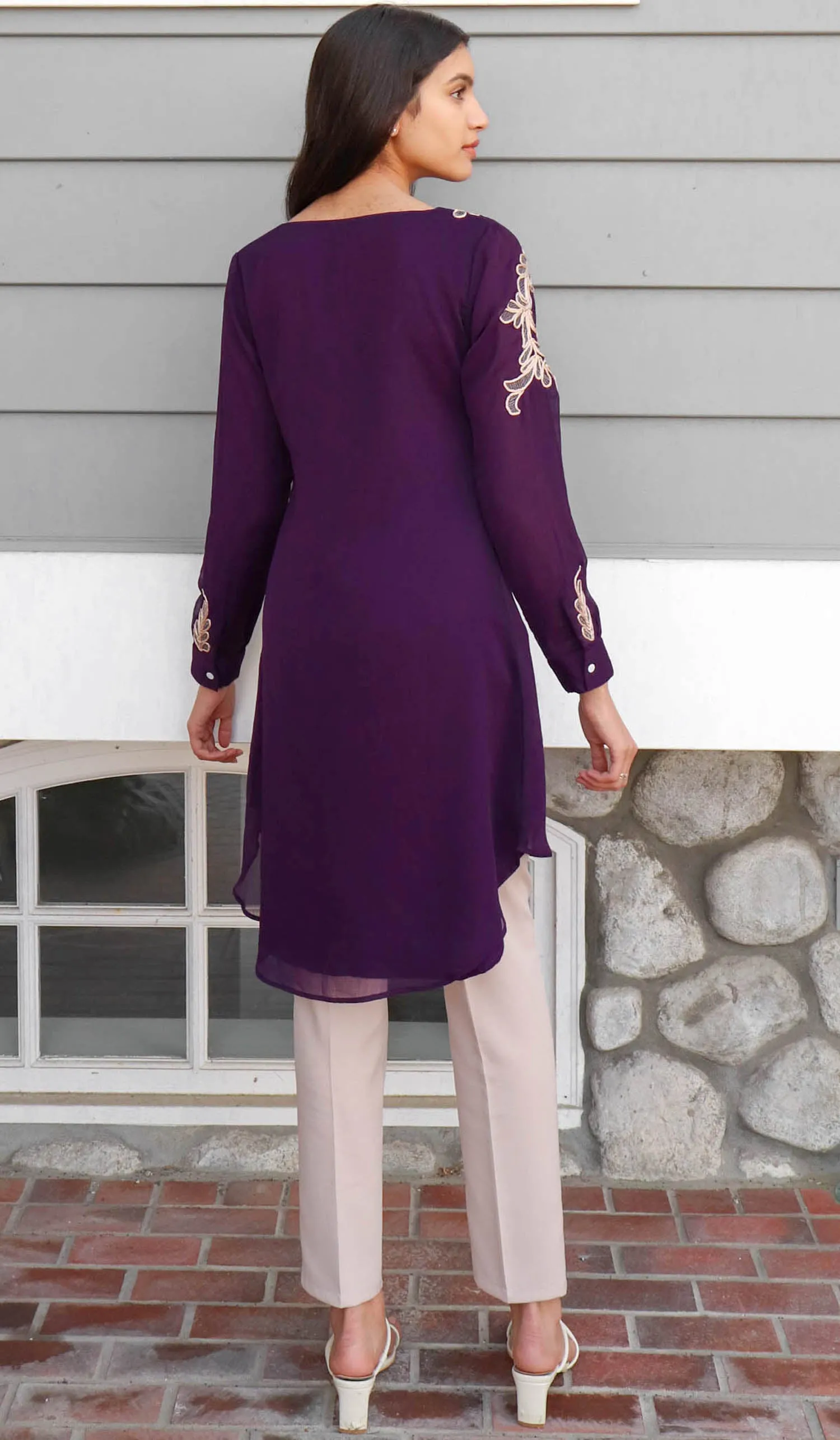 Selena Embroidered Long Modest Tunic - Purple