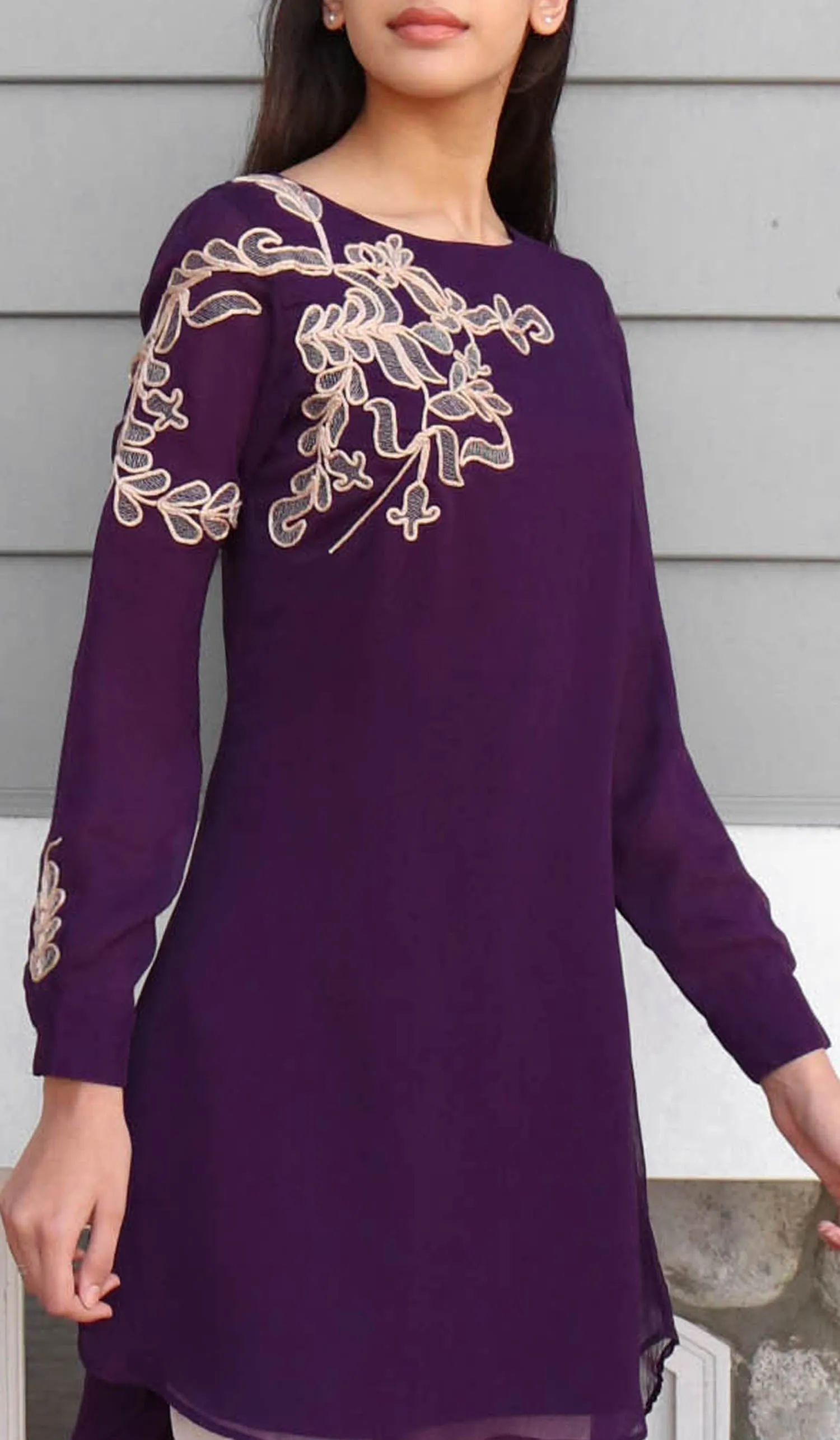 Selena Embroidered Long Modest Tunic - Purple