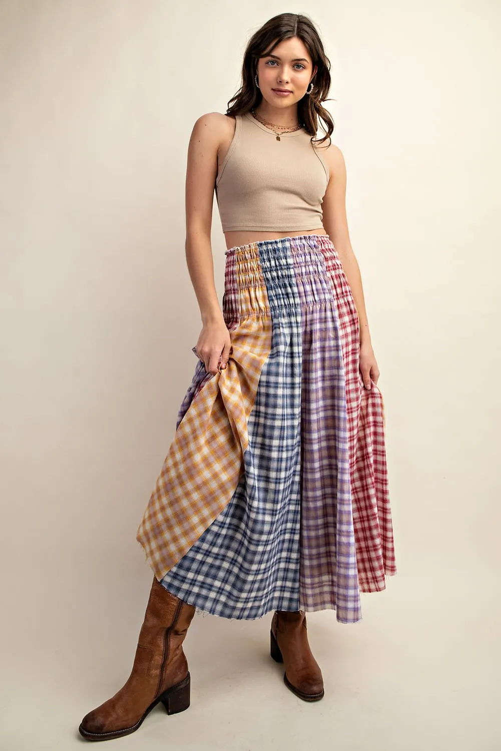 Smocked Waist Checkered Mixed Print A-Line Maxi Skirt (has matching Vest)