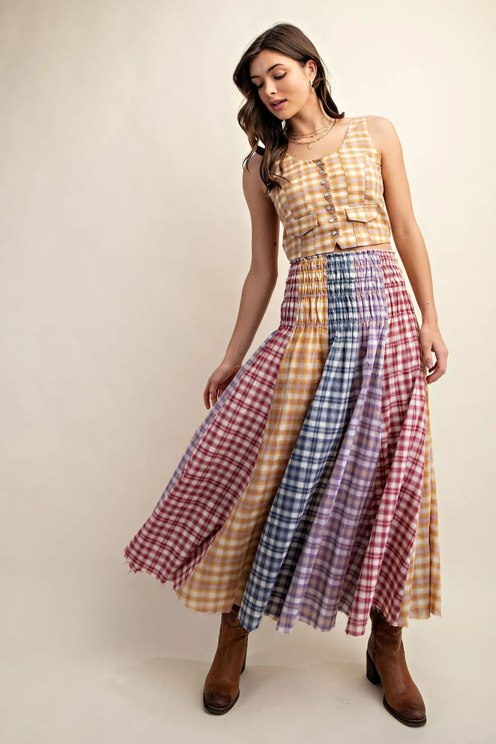 Smocked Waist Checkered Mixed Print A-Line Maxi Skirt (has matching Vest)