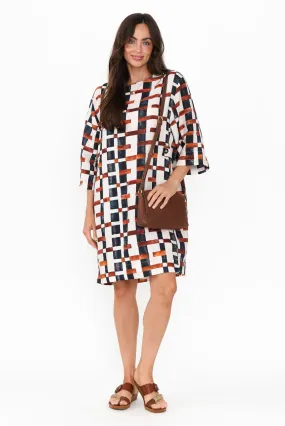 Stiles Brown Geo Linen Belted Dress